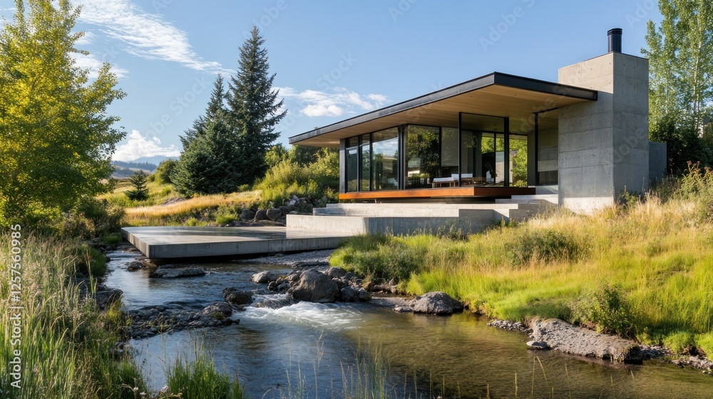 Obraz premium Modern riverside home, tranquil setting, mountain view