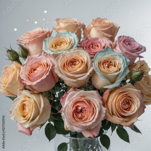 A bouquet of colorful roses gently illuminated by starlight, with an elegant white background enhancing their natural beauty.