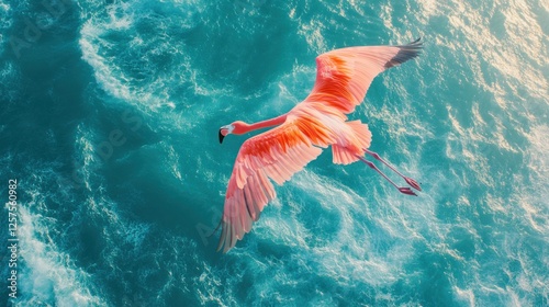 Pink flamingo in flight over turquoise ocean waves.