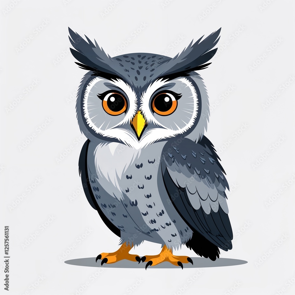 Obraz premium Cute gray owl cartoon illustration on plain white background