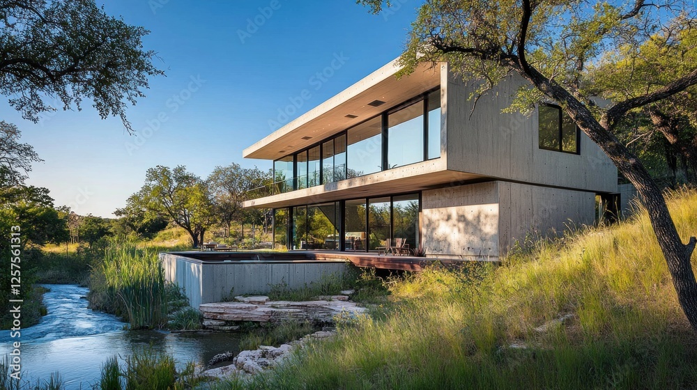 Fototapeta premium Modern house by river, Texas landscape