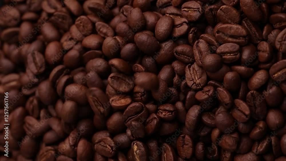 Vertical shot of roasted coffee beans slowly pour out from above. Ingredients for preparing coffee drinks. Vertical shot of roasted coffee beans slowly pour out from above. Ingredients for preparing coffee drinks.