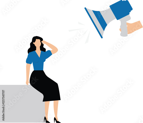 A businesswoman sitting holding his head being shouted at by a big megaphone. Illustration for bullying, violence and seniority