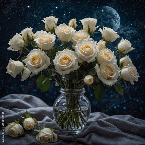 A glowing bouquet of white roses beneath a starry night sky, creating a serene and peaceful ambiance.