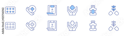 Healthcare icon set in two styles, Duotone and Thin Line style. Editable stroke. benefits, contraceptive pills, emergency, medical history, mouthwash, pill