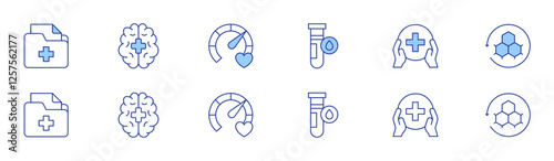 Healthcare icon set in two styles, Duotone and Thin Line style. Editable stroke. blood tube, healthcare, medical records, mental health, physical wellbeing, skin regeneration