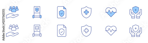 Healthcare icon set in two styles, Duotone and Thin Line style. Editable stroke. community, electrotherapy, health insurance, heart beat, insurance