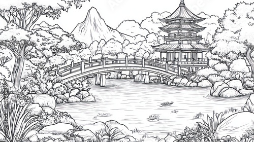 Wallpaper Mural Serene Asian garden bridge, pagoda, mountain. Coloring book page Torontodigital.ca