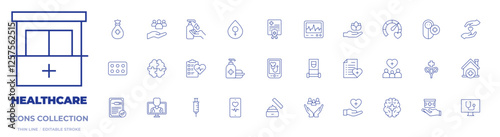 Healthcare icons collection. Thin Line icons, editable stroke. aid, analysis, brain, certification, community, contraceptive pills, health check, liquid soap, menstruation, soap