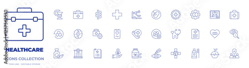 Healthcare icons collection. Thin Line icons, editable stroke. brain, doctor bag, emergency, family, fetus, healthcare, intestine, pharmacy, skin regeneration, smartphone, x rays