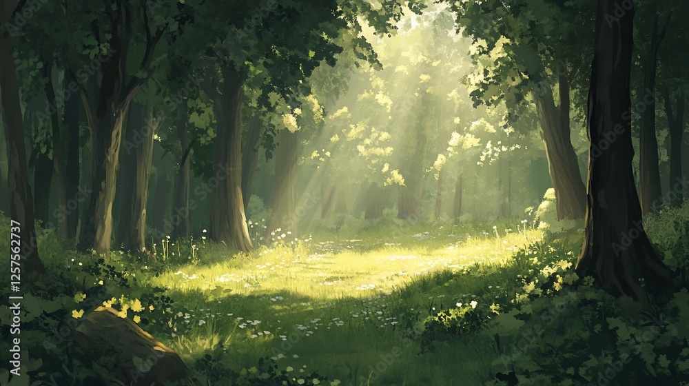 Fototapeta premium Sunlit forest clearing, nature background, idyllic scene, game design