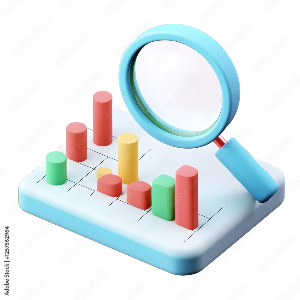 Analyzing data, magnifying glass over chart, digital graphic