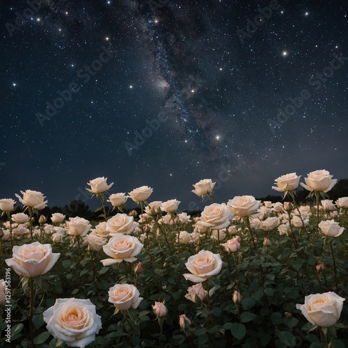 A meadow filled with delicate roses under a vast starry sky, each bloom glowing softly against a pure white background.