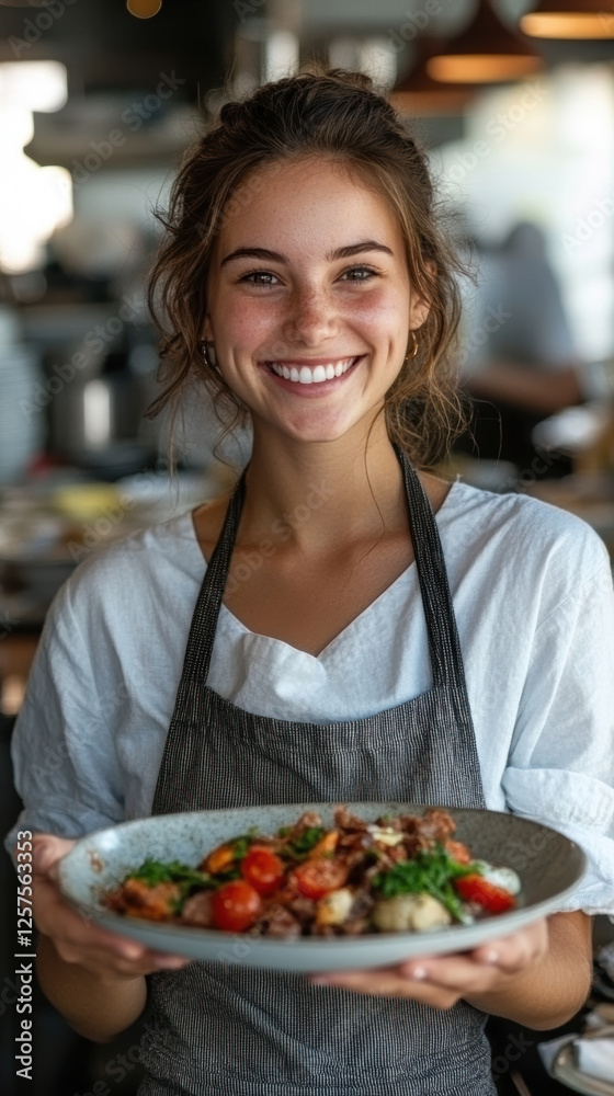Nice smiling waitress in apron distributing food .AI generative. Nice smiling waitress in apron distributing food .AI generative.
