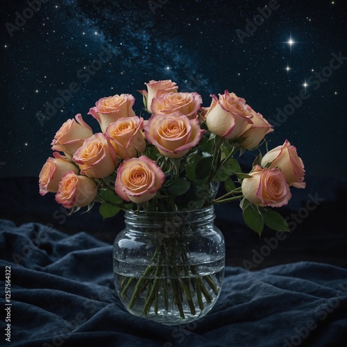 A peaceful rose bouquet arranged with delicate care, glowing softly under the night sky filled with twinkling stars.
