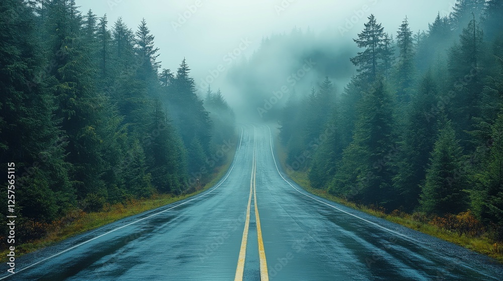 Fog blankets a highway winding through a serene forest under soft sunlight Fog blankets a highway winding through a serene forest under soft sunlight