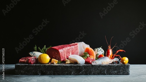 Set of various raw meats on a dark grunge background. beef, fish, lobster claws, pork and chicken. Free space for text. On a gray stone background.