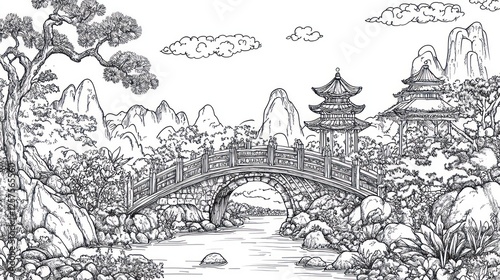 Wallpaper Mural Serene Asian garden bridge, pagodas, mountains; peaceful landscape, meditation Torontodigital.ca