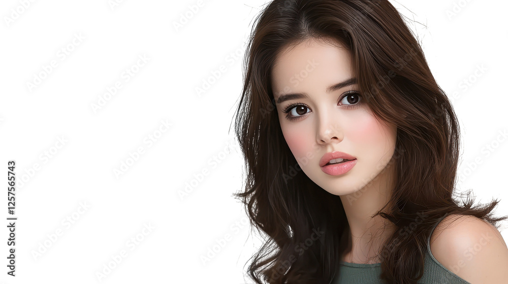 Portrait of a woman with long brown hair and green top Portrait of a woman with long brown hair and green top
