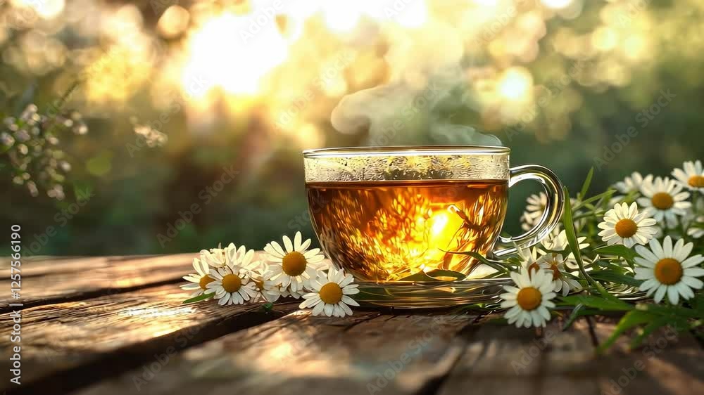 cup of tea and chamomile flowers. Selective focus