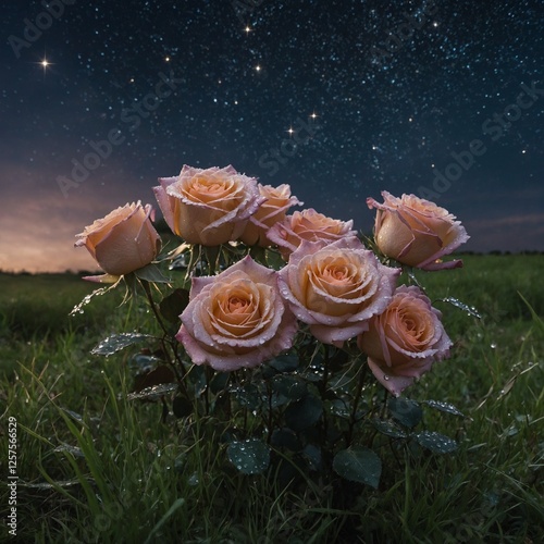 A bouquet of dew-kissed roses under a starlit sky, with stars twinkling above in a field of soft grass.