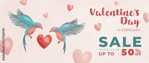 Romantic watercolor Valentine’s Day sale banner with pastel pink and red tones, lovebirds, hearts, and elegant typography. Perfect for online shops, social media promotions, and holiday discounts.