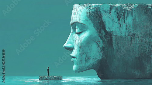 Contemplation by the monolith: A figure stands before a colossal face emerging from the sea, contemplating the mysteries of scale and existence. photo