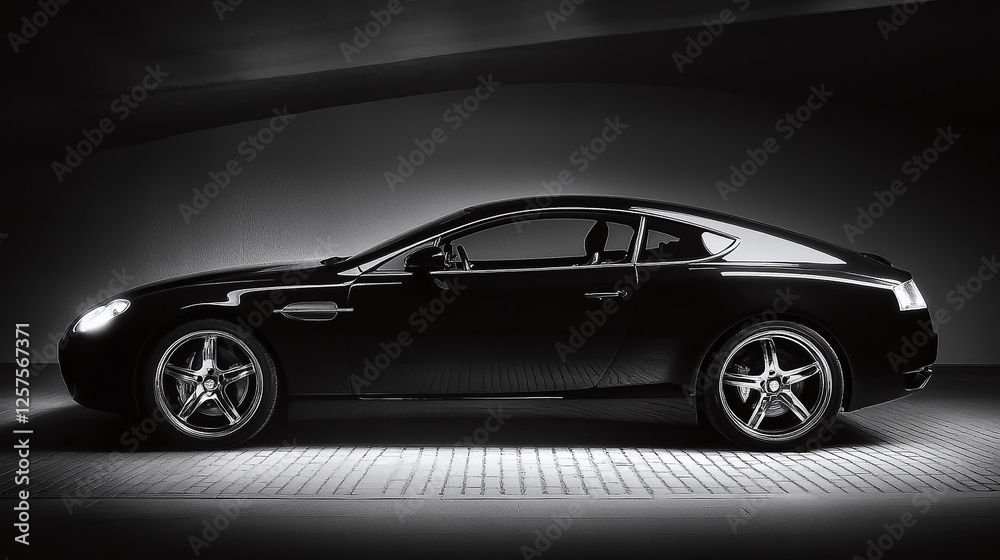 Naklejka premium Sleek black coupe under spotlight, showcasing elegant design and powerful stance, perfect fusion of luxury and performance on the road.