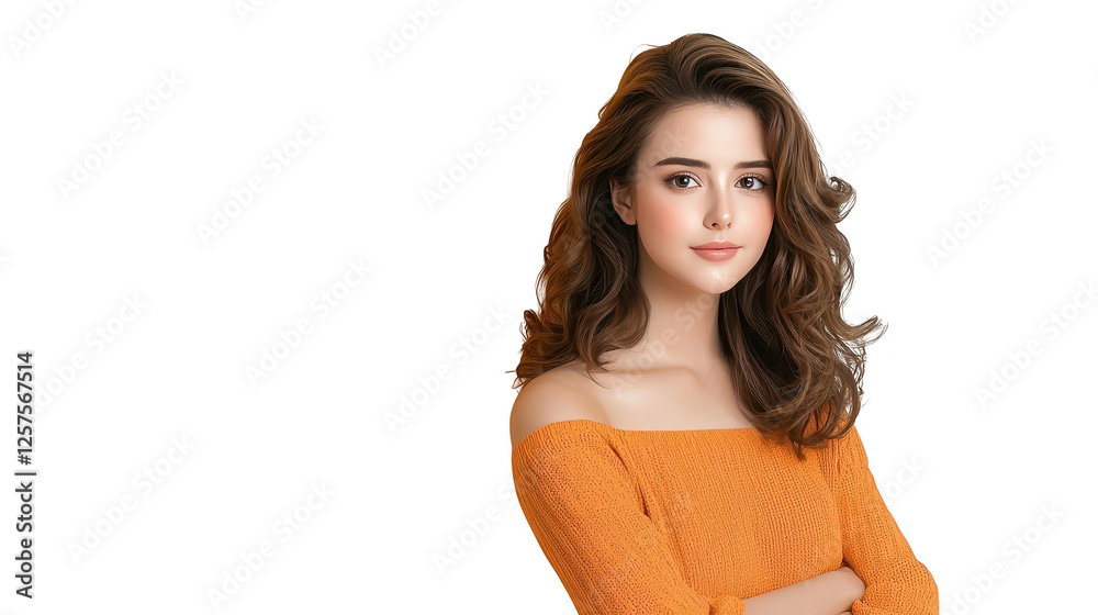 Portrait of a woman with flowing hair in cozy yellow sweater Portrait of a woman with flowing hair in cozy yellow sweater