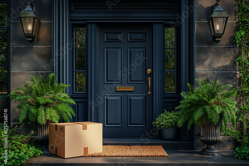 Cardboard package sits on doormat in front of stylish dark-colored door with elegant lanterns and green plants, symbolizing home delivery and online shopping. E-commerce and shipping concept
