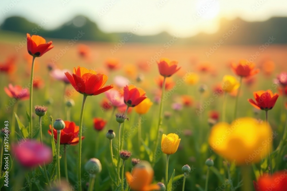 Fototapeta premium Vibrant Field of Blossoming Flowers at Sunset, a Serene and Colorful Display of Nature's Beauty