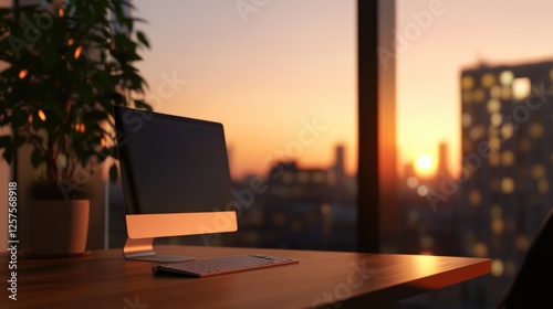 office with computer at sunset