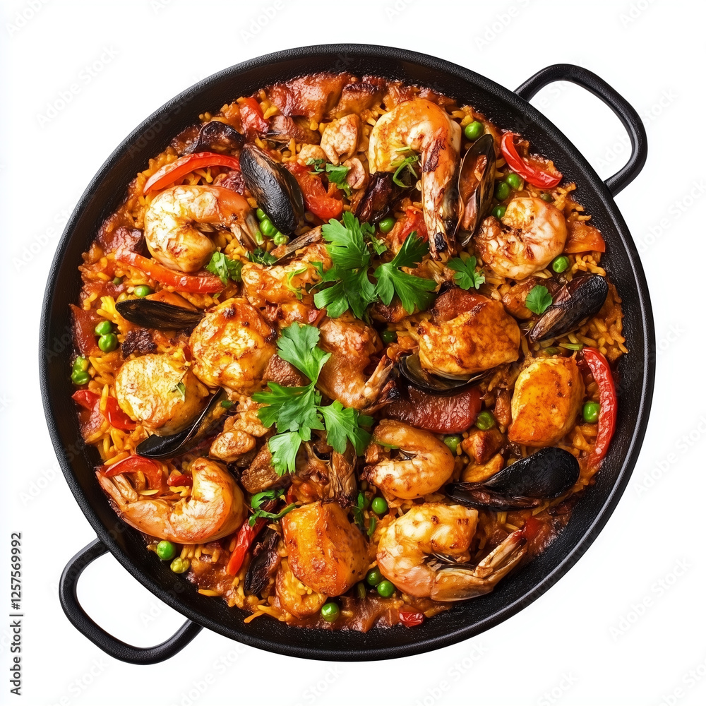 Top down view of Paella, isolated on white, food setting