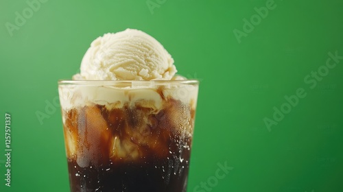 Frothy root beer float with creamy vanilla ice cream on green backdrop