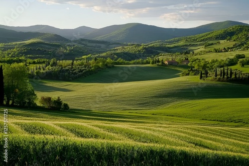 A breathtaking view of the Tuscany fields in Barberino di Mugello, located in the Tuscany region of Italy, during the summer