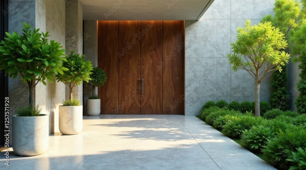 Fototapeta premium Modern Home Entrance with Lush Greenery and Rich Wood Door