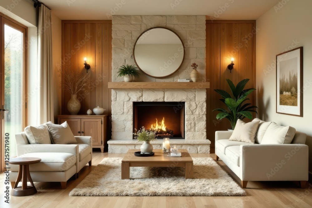Fototapeta premium Relaxing living room interior design with a cozy fireplace and comfortable seating