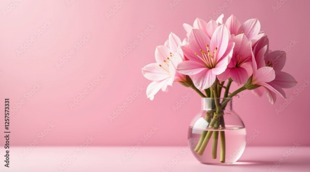 Fototapeta premium Delicate Pink Blooms in a Glass Vase on a Soft Pink Background