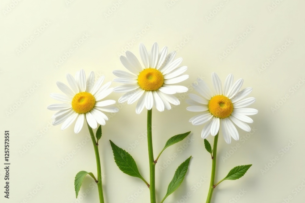 Fototapeta premium Three Daisies Arranged in a Simple, Elegant Composition on a Pale Background