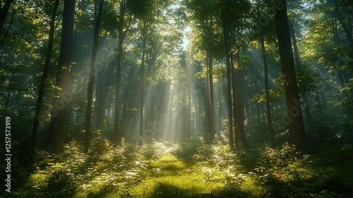 Sunbeams Illuminate A Mystical Forest Path