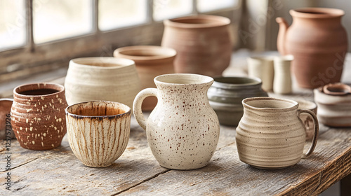 Handmade pottery on a wooden rustic table 