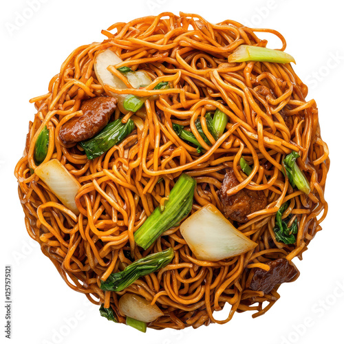 A plate of noodles with meat and vegetables