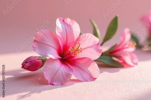 Delicate Pink Hibiscus Blossom with Bud on Soft Pink Surface, Illuminated by Gentle Sunlight