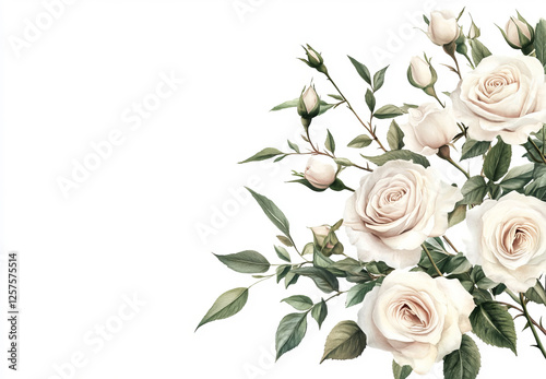 White Roses with Greenery Arranged Elegantly on the Left Side of a Clean White Background