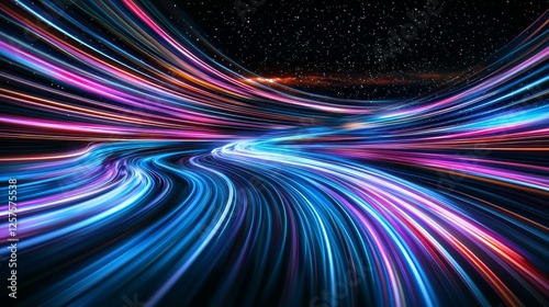 Hyperjumping through space. Multicolored glowing neon rays. Rapid tunnel motion, zooming closer. 3D rendering