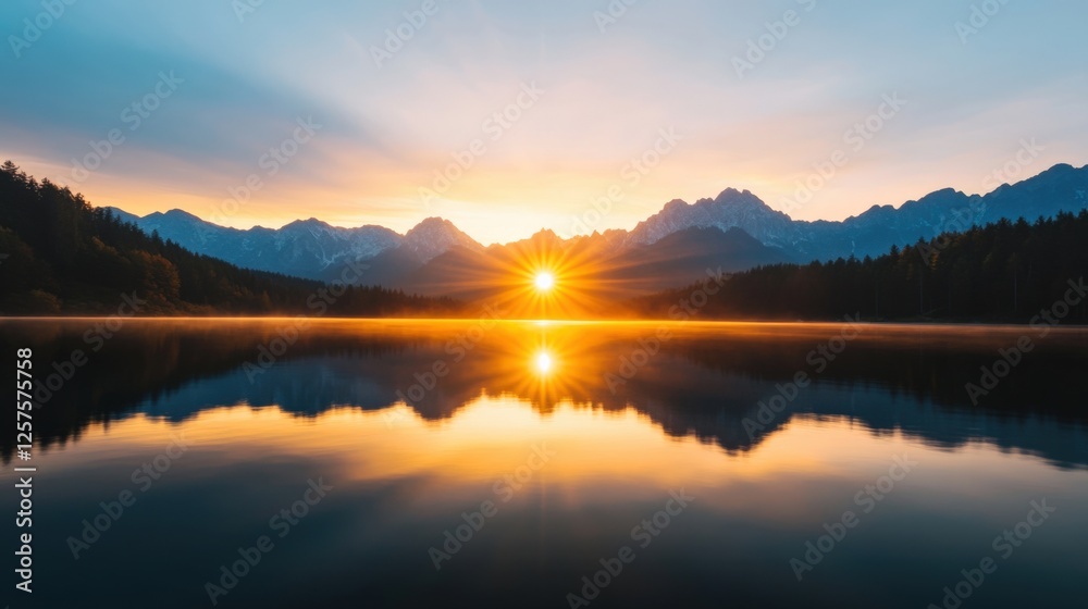 Scenic Lake Sunrise with Mountain Reflection Scenic Lake Sunrise with Mountain Reflection