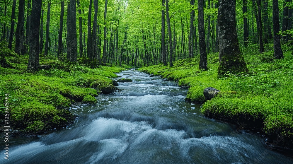 Obraz premium Serene stream flows through lush green forest