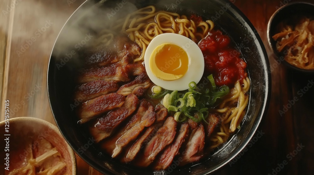 Fototapeta premium Steaming bowl of shoyu ramen with pork and soft-boiled egg, capturing warmth and comfort in every bite.