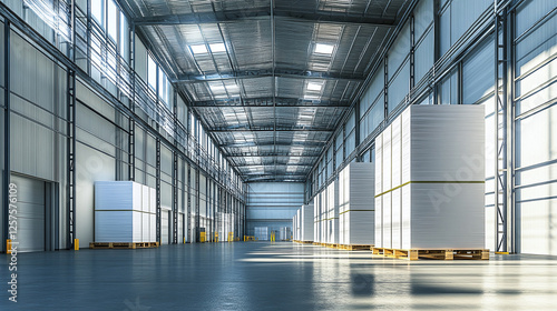 Expansive warehouse interior featuring stacks of packaged goods on wooden pallets  bathed in natural light from overhead skylights  conveying order and efficiency.
