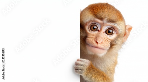 A monkey peeking over a blank sign on a white background